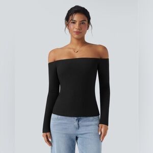 HALARA Ribbed Knit Off Shoulder Long Sleeve 2-in-1 Casual Top Size Medium